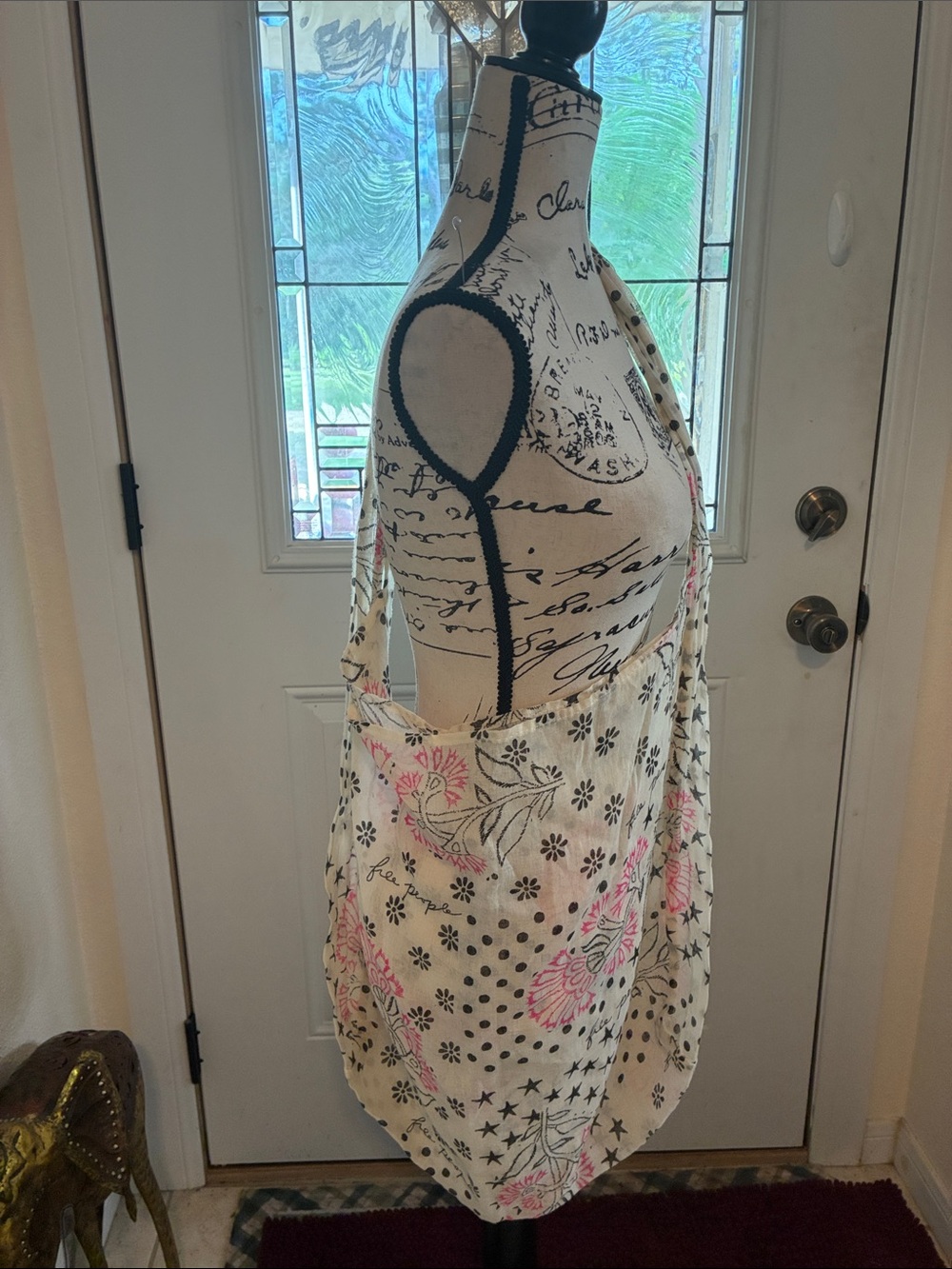 Free People Cream Fabric Bag with Pink and Black Floral Print-NWOT